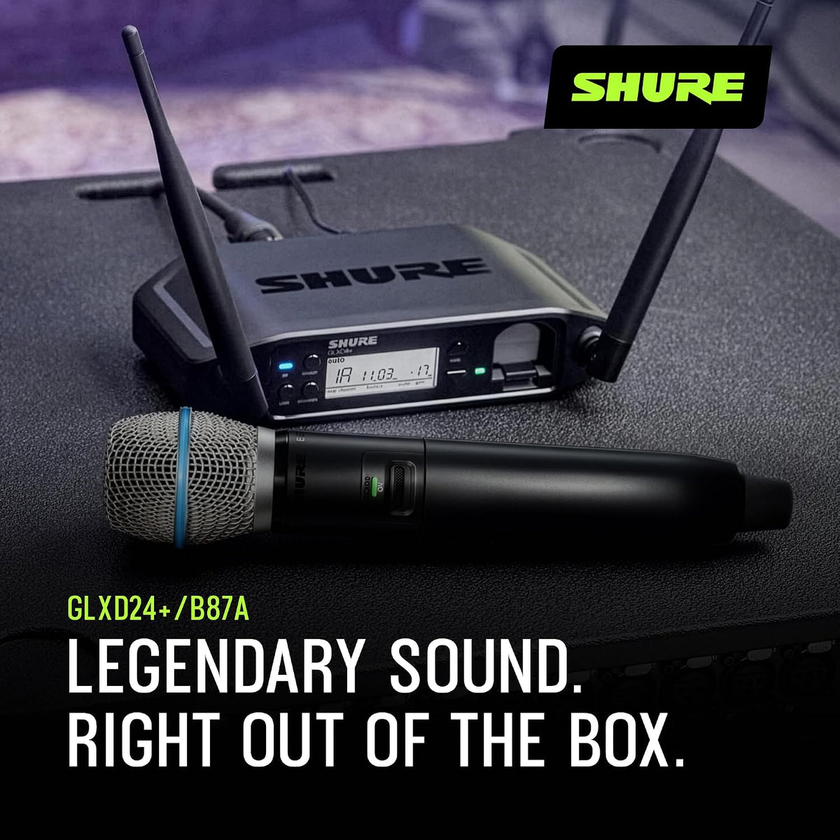 Shure GLXD24+/B87A Dual Band Pro Digital Wireless Microphone System – 12-Hour Battery, 100ft Range with BETA 87A Handheld Vocal Mic & Single Channel Receiver