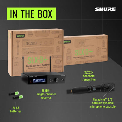 Shure SLXD24+/58 Handheld Wireless System - SLXD4+ Receiver, SLXD2+ Handheld Transmitter with Nexadyne 8/C Capsule, Bluetooth Monitoring, G57 Band