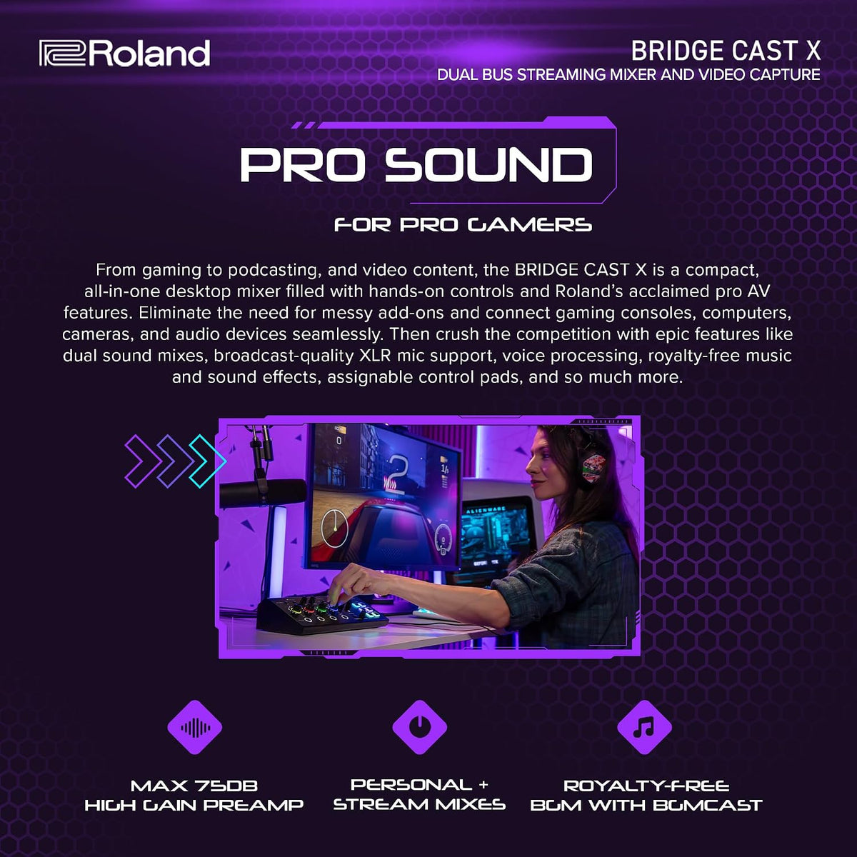 Roland BRIDGE CAST X Dual Bus Gaming Mixer & Video Capture | Pro Audio Streaming Interface for Online Gamers & More | 32-Bit Hardware DSP | USB-C Windows and Mac Connectivity | XLR Mic Support