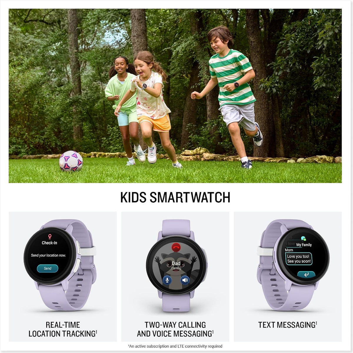 Garmin Bounce™ 2, Kids Smartwatch, Calling & Texting, 43mm, Light Purple | Two-Way Calling, Voice Messaging, Text Messaging, Real-Time Location Tracking, Active Subsciption Required for LTE Features