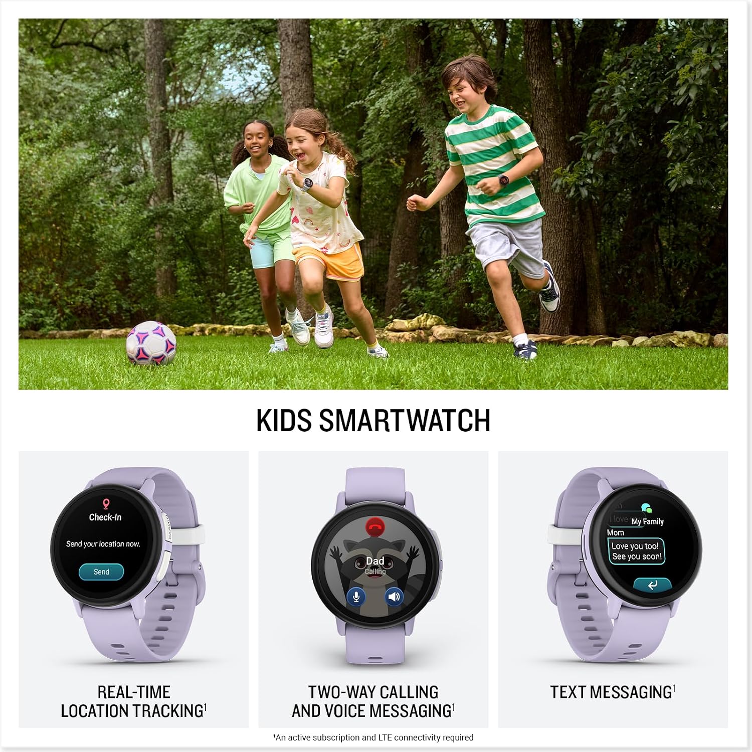 Garmin Bounce™ 2, Kids Smartwatch, Calling & Texting, 43mm, Light Purple | Two-Way Calling, Voice Messaging, Text Messaging, Real-Time Location Tracking, Active Subsciption Required for LTE Features