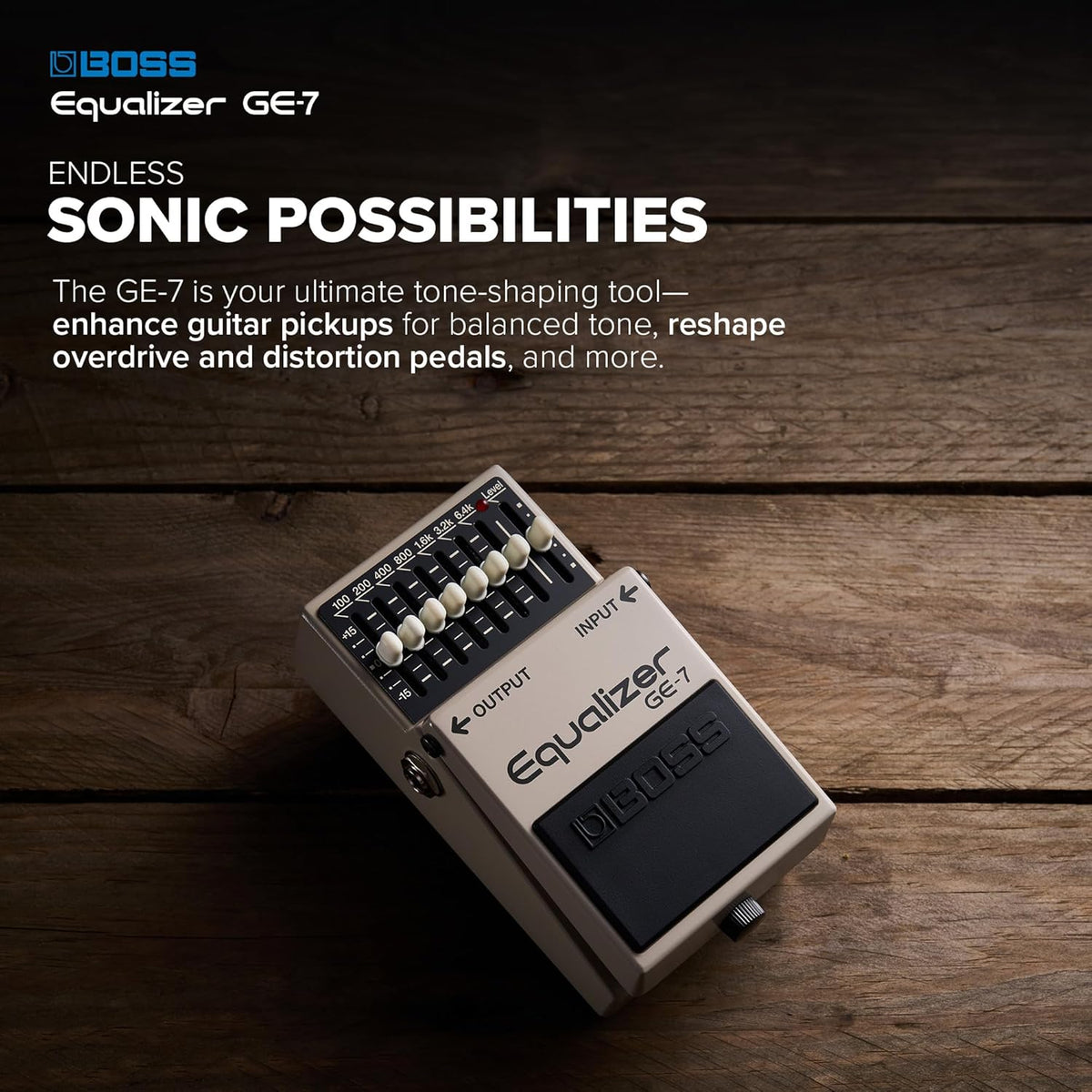 BOSS GE-7 Equalizer | Compact Graphic Equalizer Pedal | Tailored for Guitarists | 7 Bands of EQ Sliders | Guitar-Optimized Frequencies | ±15dB Boost/Cut Per Band | Level Slider for Volume Adjustments