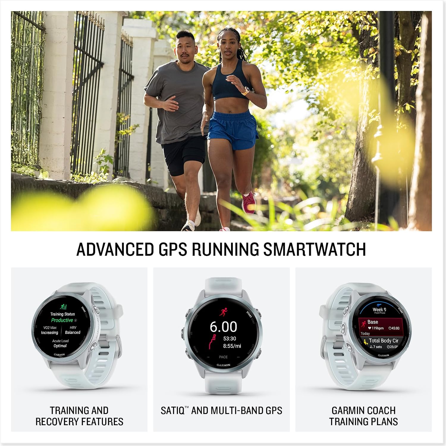 Garmin Forerunner® 570, 42mm, Aluminum, Whitestone/Cloud Blue | Smaller-Sized Advanced GPS Running & Triathlon Smartwatch, AMOLED Display, Training & Recovery Features