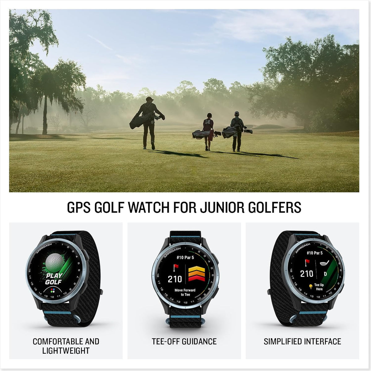 Garmin Approach® J1, Junior Golf Watch with GPS, 43mm, Black | Lightweight GPS Golf Watch Built for Junior Golfers, Simplified Interface, Tee-Off Guidance, Pace-of-Play Timer